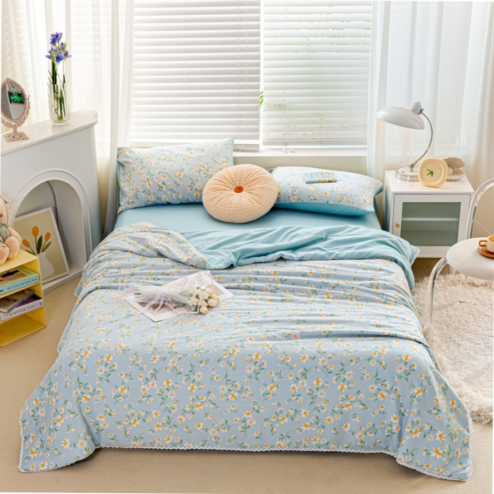 91家纺网 家纺一手货源 找家纺 羋多 2024新款小清新花边水洗棉夏被夏被四件套花间