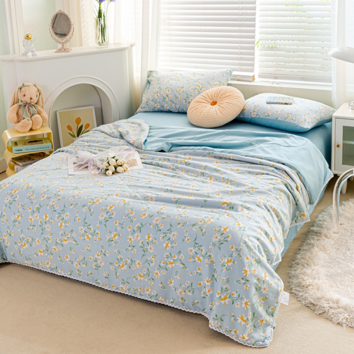 91家纺网 家纺一手货源 找家纺 羋多 2024新款小清新花边水洗棉夏被夏被四件套花间