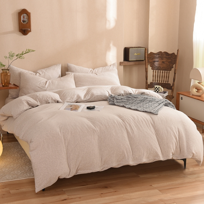 91家纺网 家纺一手货源 找家纺 甜之梦 2025新款针织棉拼色四件套(任何尺寸都可以定制) 浅咖