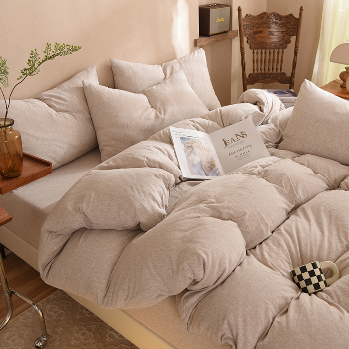 91家纺网 家纺一手货源 找家纺 甜之梦 2025新款针织棉拼色四件套(任何尺寸都可以定制) 浅咖