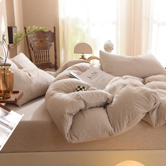 91家纺网 家纺一手货源 找家纺 甜之梦 2025新款针织棉拼色四件套(任何尺寸都可以定制) 浅咖