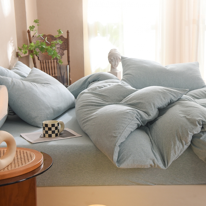 91家纺网 家纺一手货源 找家纺 甜之梦 2025新款针织棉拼色四件套(任何尺寸都可以定制) 水绿