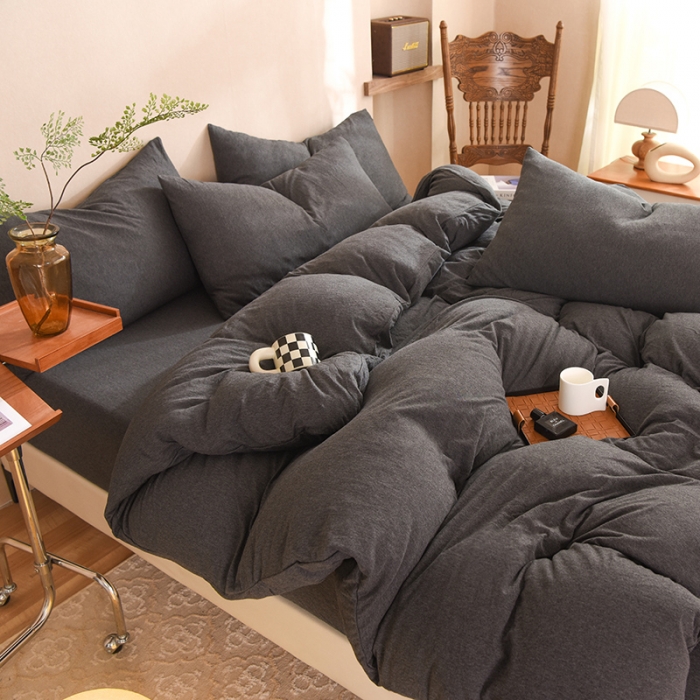 91家纺网 家纺一手货源 找家纺 甜之梦 2025新款针织棉拼色四件套(任何尺寸都可以定制) 碳黑