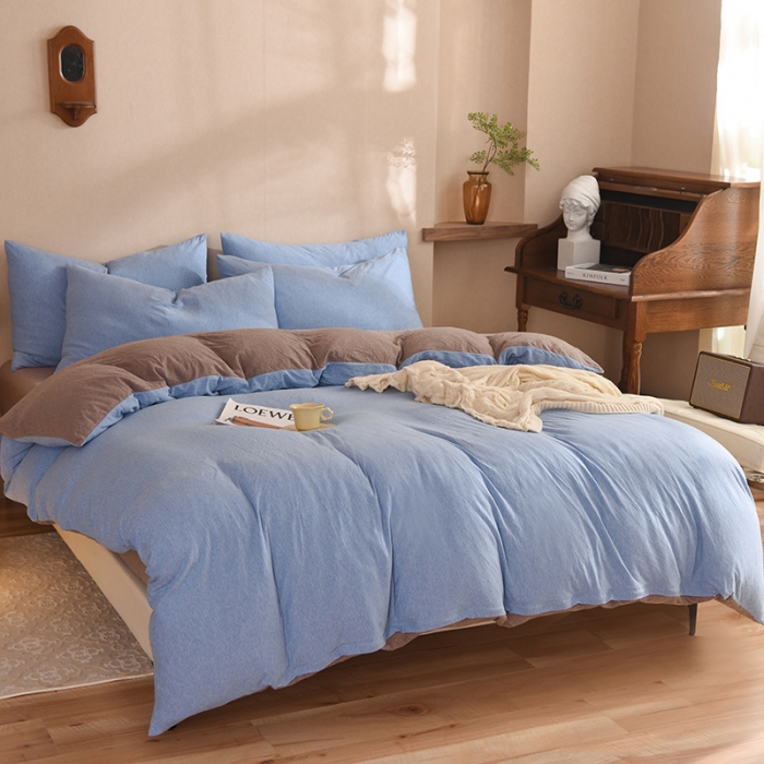 91家纺网 家纺一手货源 找家纺 甜之梦 2025新款针织棉拼色四件套(任何尺寸都可以定制) 天兰+深咖