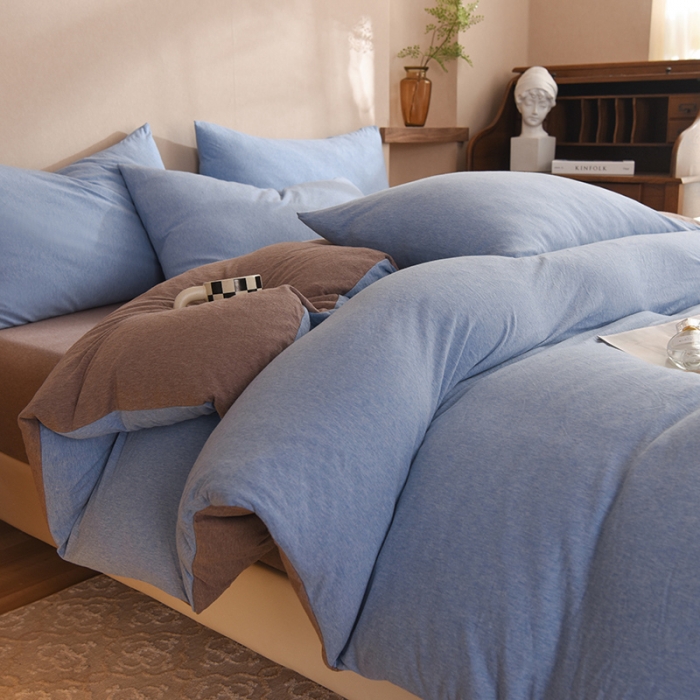 91家纺网 家纺一手货源 找家纺 甜之梦 2025新款针织棉拼色四件套(任何尺寸都可以定制) 天兰+深咖