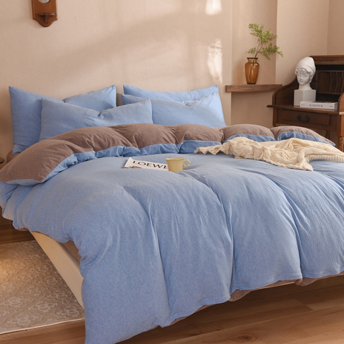 91家纺网 家纺一手货源 找家纺 甜之梦 2025新款针织棉拼色四件套(任何尺寸都可以定制) 天兰+深咖