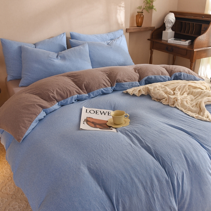 91家纺网 家纺一手货源 找家纺 甜之梦 2025新款针织棉拼色四件套(任何尺寸都可以定制) 天兰+深咖