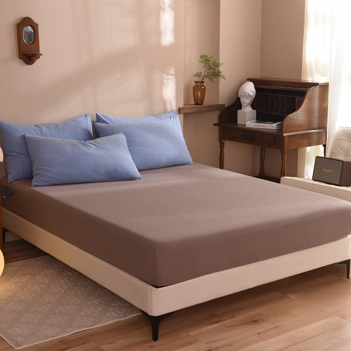 91家纺网 家纺一手货源 找家纺 甜之梦 2025新款针织棉拼色四件套(任何尺寸都可以定制) 天兰+深咖