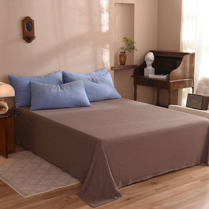 91家纺网 家纺一手货源 找家纺 甜之梦 2025新款针织棉拼色四件套(任何尺寸都可以定制) 天兰+深咖