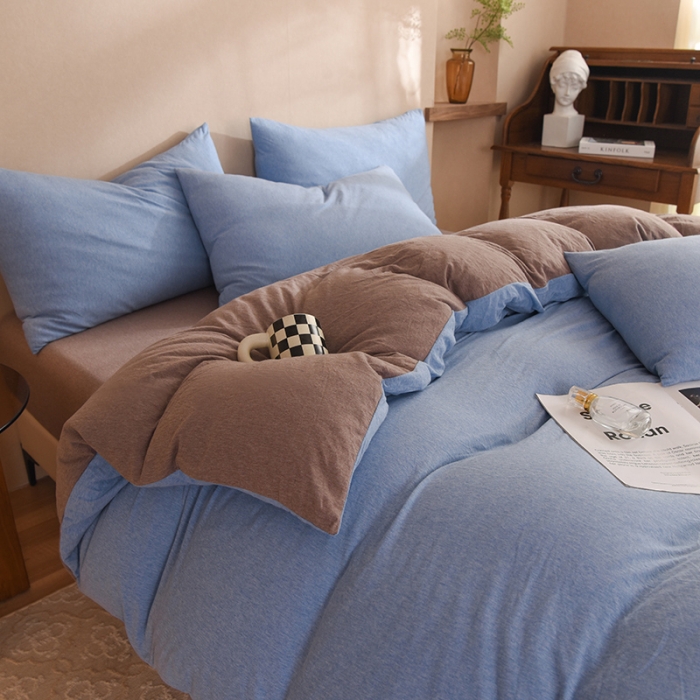 91家纺网 家纺一手货源 找家纺 甜之梦 2025新款针织棉拼色四件套(任何尺寸都可以定制) 天兰+深咖