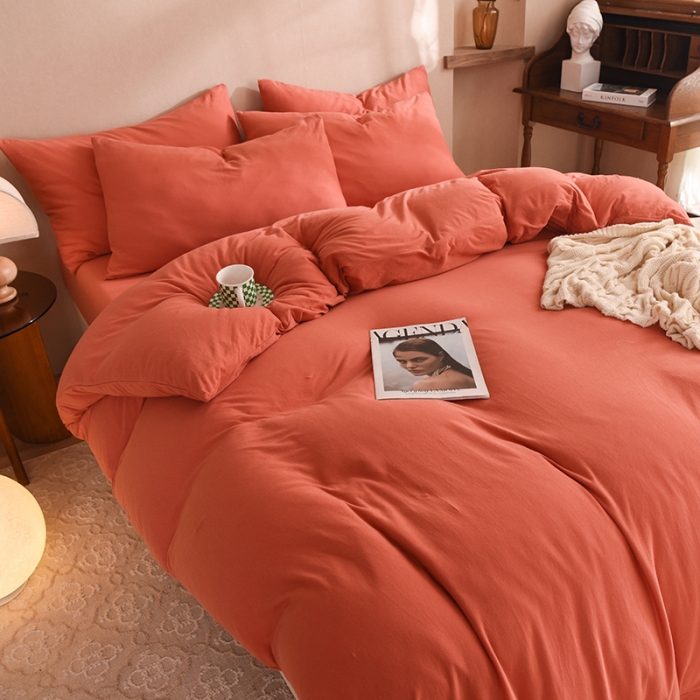 91家纺网 家纺一手货源 找家纺 甜之梦 2025新款针织棉拼色四件套(任何尺寸都可以定制) 棕红