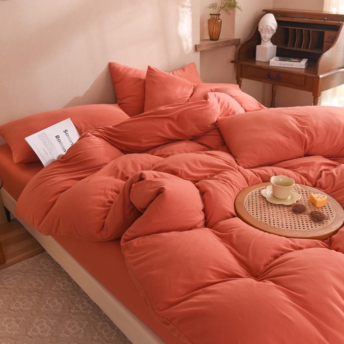 91家纺网 家纺一手货源 找家纺 甜之梦 2025新款针织棉拼色四件套(任何尺寸都可以定制) 棕红