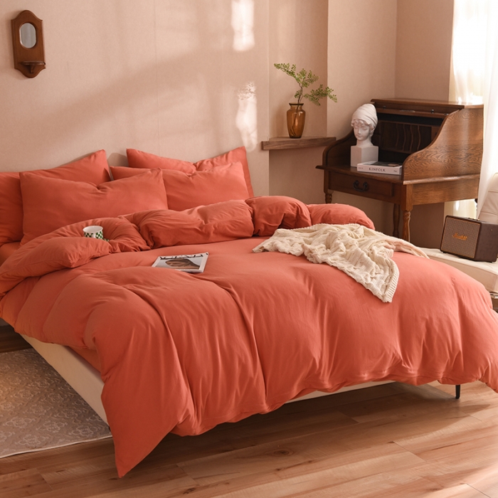 91家纺网 家纺一手货源 找家纺 甜之梦 2025新款针织棉拼色四件套(任何尺寸都可以定制) 棕红