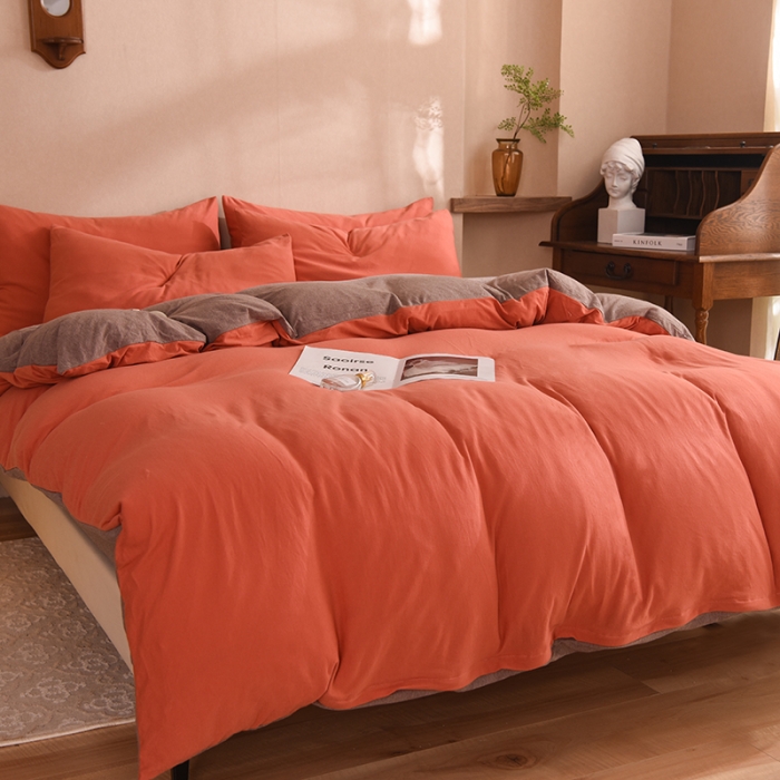 91家纺网 家纺一手货源 找家纺 甜之梦 2025新款针织棉拼色四件套(任何尺寸都可以定制) 棕红＋深咖