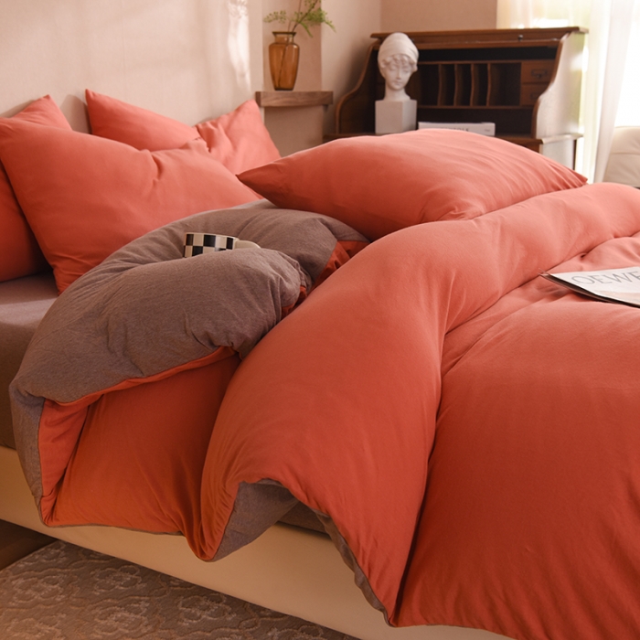 91家纺网 家纺一手货源 找家纺 甜之梦 2025新款针织棉拼色四件套(任何尺寸都可以定制) 棕红＋深咖