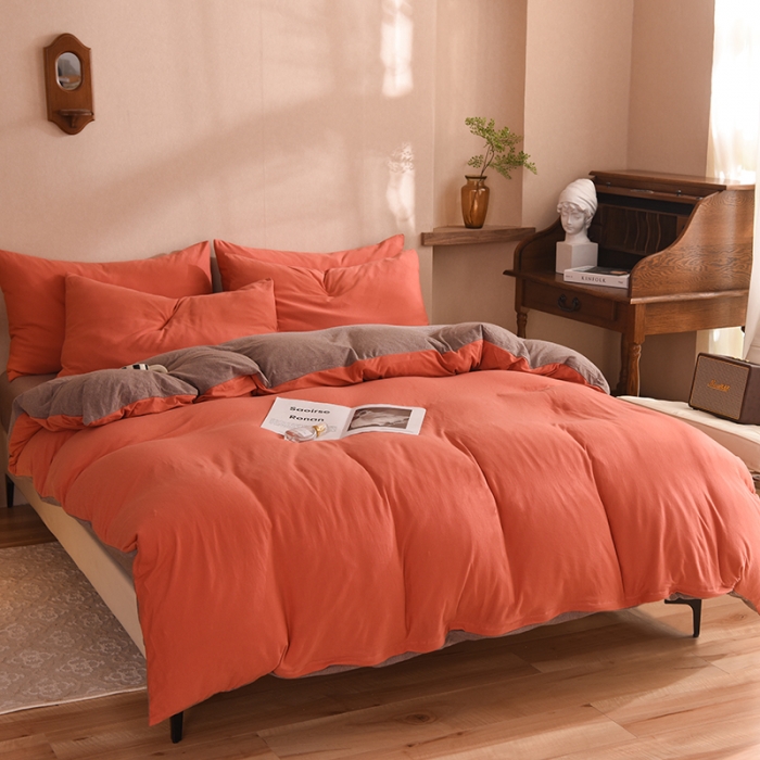 91家纺网 家纺一手货源 找家纺 甜之梦 2025新款针织棉拼色四件套(任何尺寸都可以定制) 棕红＋深咖