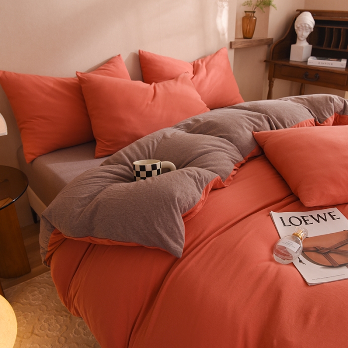 91家纺网 家纺一手货源 找家纺 甜之梦 2025新款针织棉拼色四件套(任何尺寸都可以定制) 棕红＋深咖