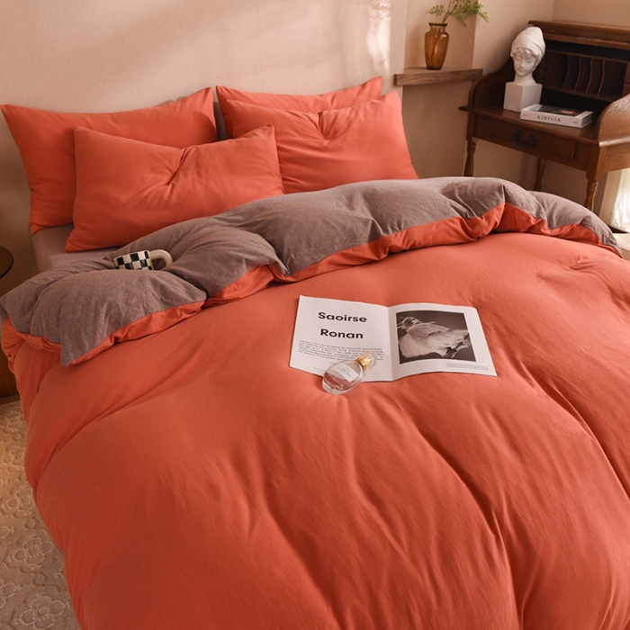 91家纺网 家纺一手货源 找家纺 甜之梦 2025新款针织棉拼色四件套(任何尺寸都可以定制) 棕红＋深咖