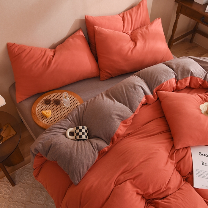 91家纺网 家纺一手货源 找家纺 甜之梦 2025新款针织棉拼色四件套(任何尺寸都可以定制) 棕红＋深咖