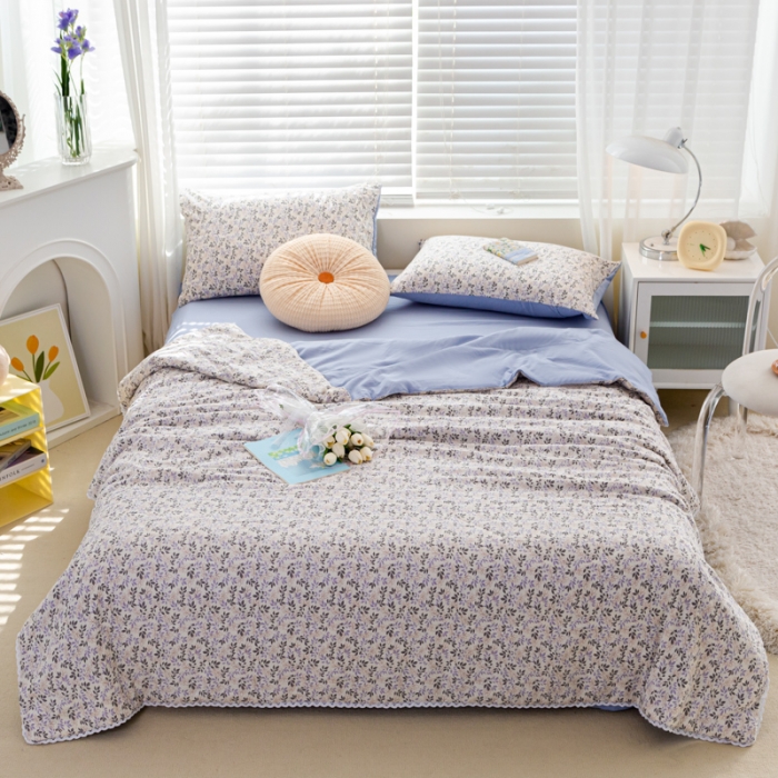 91家纺网 家纺一手货源 找家纺 羋多 2024新款小清新花边水洗棉夏被夏被四件套浪漫初夏