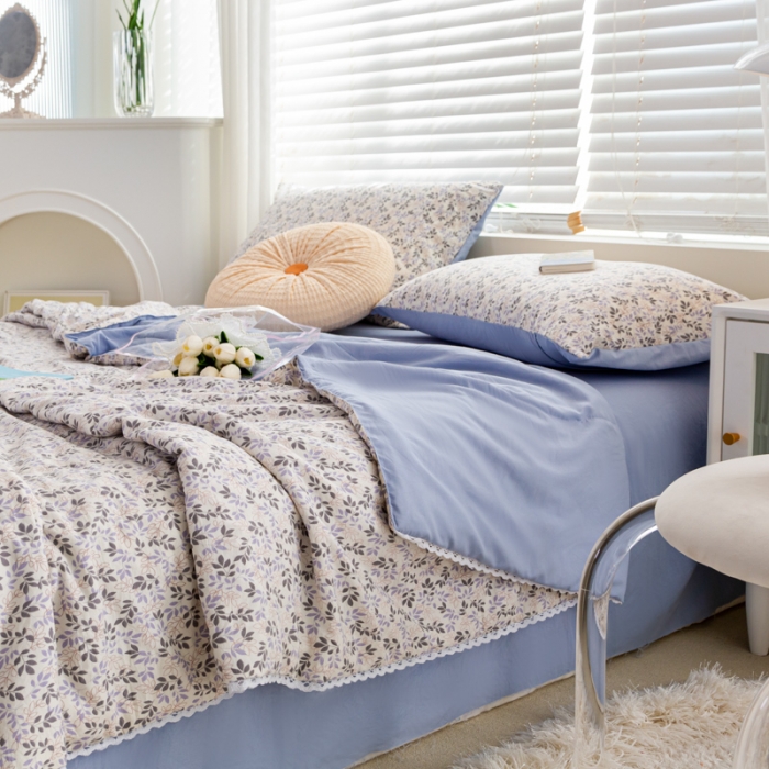 91家纺网 家纺一手货源 找家纺 羋多 2024新款小清新花边水洗棉夏被夏被四件套浪漫初夏