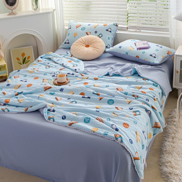 91家纺网 家纺一手货源 找家纺 羋多 2024新款小清新花边水洗棉夏被夏被四件套汽车家族