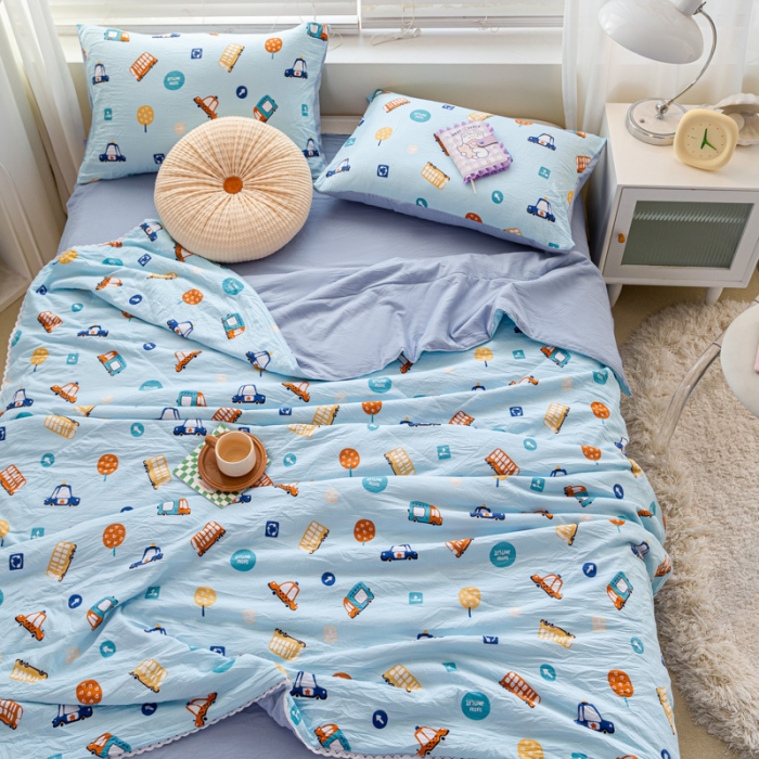 91家纺网 家纺一手货源 找家纺 羋多 2024新款小清新花边水洗棉夏被夏被四件套汽车家族