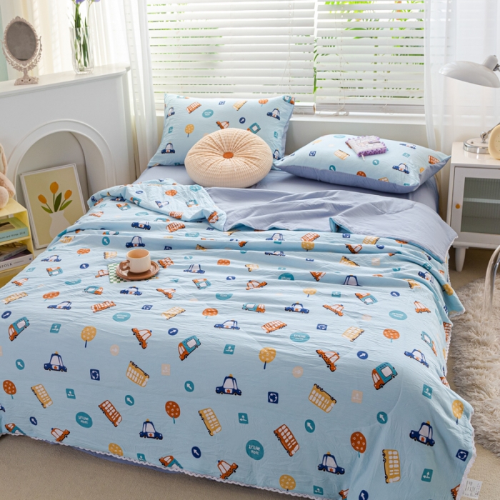 91家纺网 家纺一手货源 找家纺 羋多 2024新款小清新花边水洗棉夏被夏被四件套汽车家族