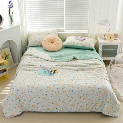 91家纺网 家纺一手货源 找家纺 羋多 2024新款小清新花边水洗棉夏被夏被四件套相伴花开