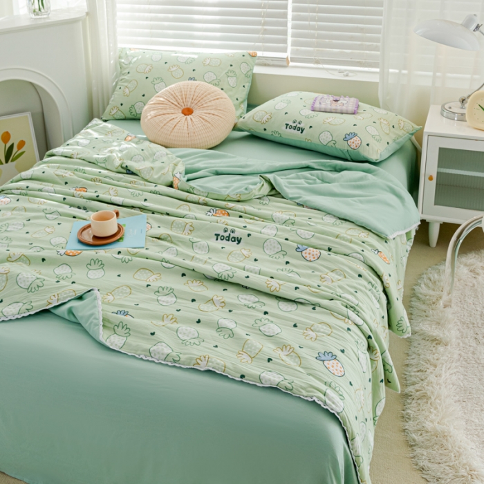 91家纺网 家纺一手货源 找家纺 羋多 2024新款小清新花边水洗棉夏被夏被四件套小菠萝