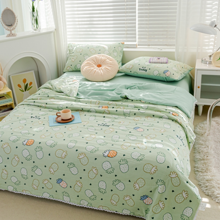 91家纺网 家纺一手货源 找家纺 羋多 2024新款小清新花边水洗棉夏被夏被四件套小菠萝