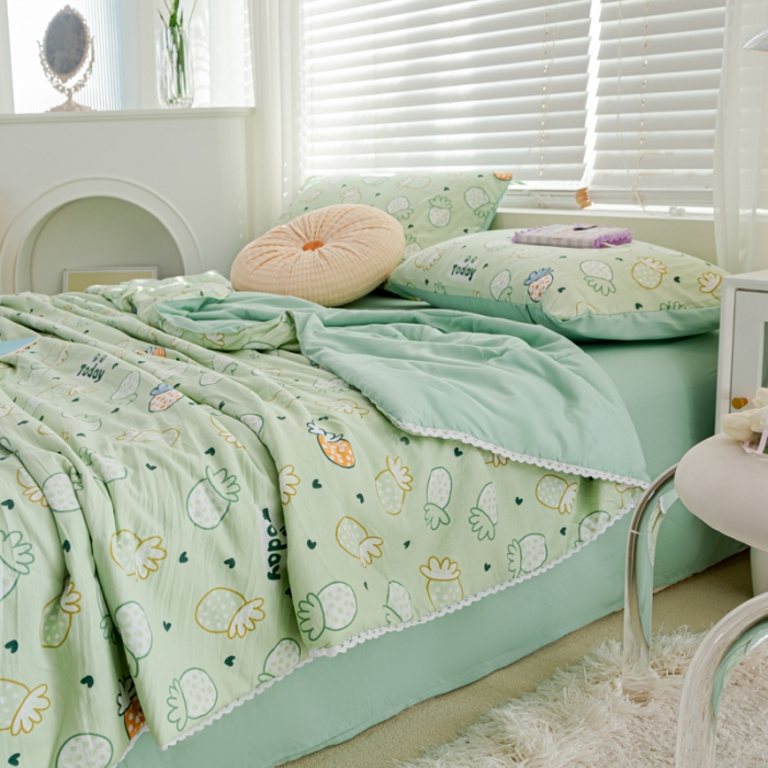 91家纺网 家纺一手货源 找家纺 羋多 2024新款小清新花边水洗棉夏被夏被四件套小菠萝