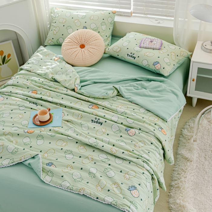 91家纺网 家纺一手货源 找家纺 羋多 2024新款小清新花边水洗棉夏被夏被四件套小菠萝