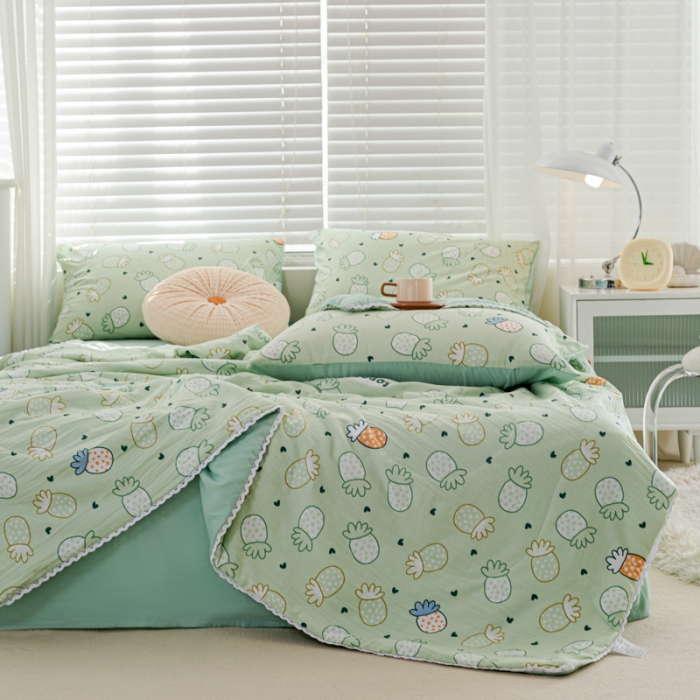91家纺网 家纺一手货源 找家纺 羋多 2024新款小清新花边水洗棉夏被夏被四件套小菠萝