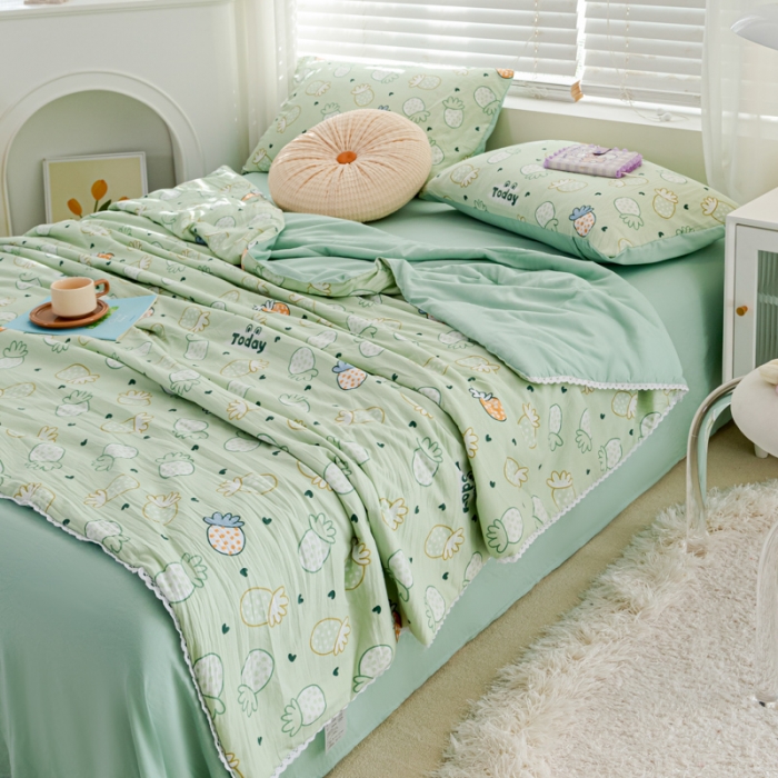 91家纺网 家纺一手货源 找家纺 羋多 2024新款小清新花边水洗棉夏被夏被四件套小菠萝