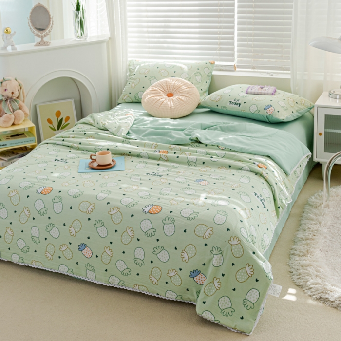 91家纺网 家纺一手货源 找家纺 羋多 2024新款小清新花边水洗棉夏被夏被四件套小菠萝