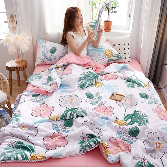 91家纺网 家纺一手货源 找家纺 羋多 2024新款小清新花边水洗棉夏被夏被四件套缤纷夏日