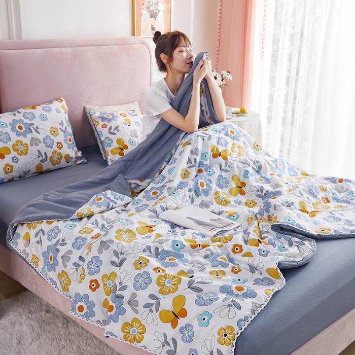 91家纺网 家纺一手货源 找家纺 羋多 2024新款小清新花边水洗棉夏被夏被四件套花海