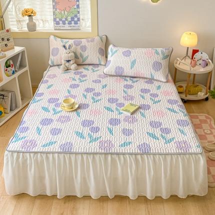 91家纺网 家纺一手货源 找家纺 金爱家 2023新款凉感丝乳胶软凉席床裙款三件套 郁金香