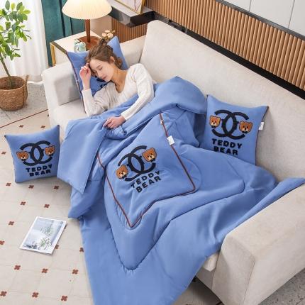 91家纺网 家纺一手货源 找家纺 宝马家纺 2023新款双头泰迪熊抱枕被湖蓝