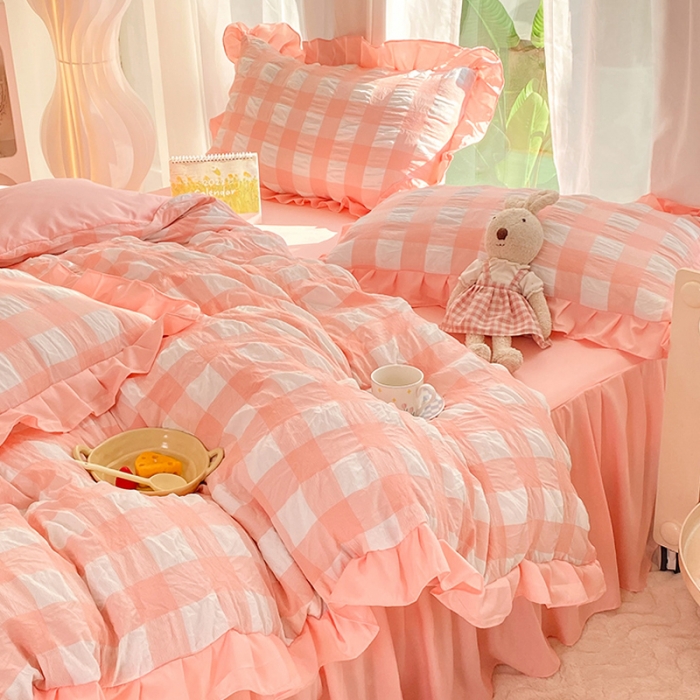 91家纺网 家纺一手货源 找家纺 梦之岛 2023新款韩版无印风泡泡纱四件套 泡泡-粉色