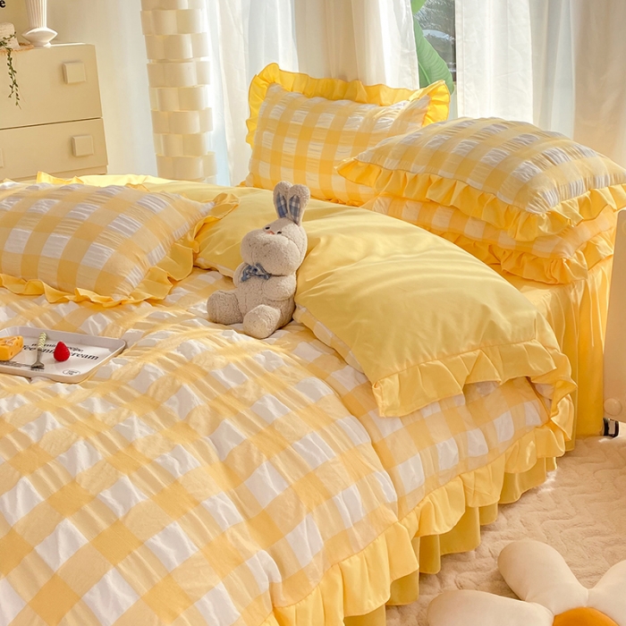 91家纺网 家纺一手货源 找家纺 梦之岛 2023新款韩版无印风泡泡纱四件套 泡泡-黄色