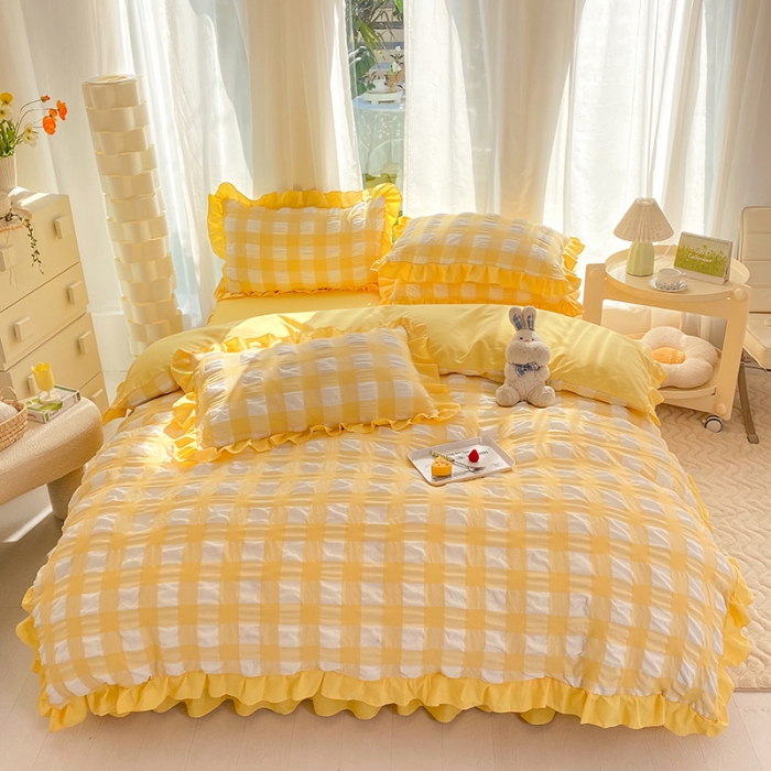 91家纺网 家纺一手货源 找家纺 梦之岛 2023新款韩版无印风泡泡纱四件套 泡泡-黄色