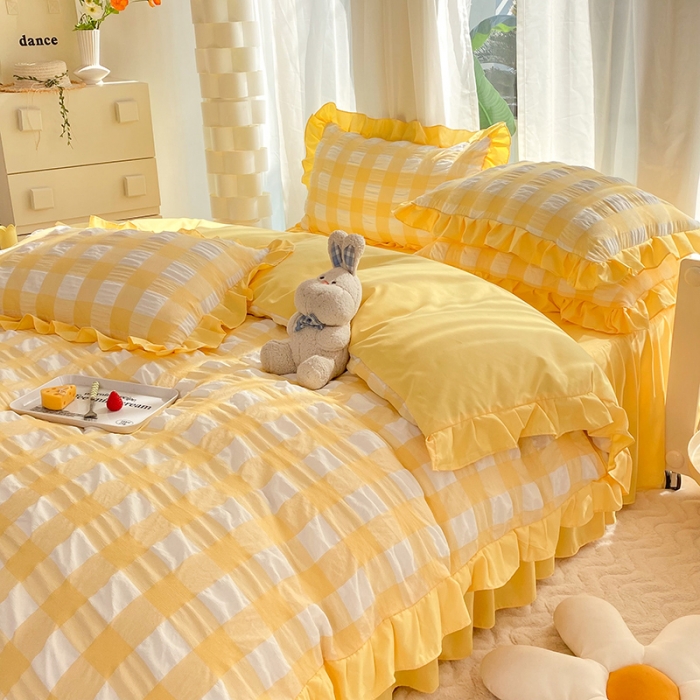 91家纺网 家纺一手货源 找家纺 梦之岛 2023新款韩版无印风泡泡纱四件套 泡泡-黄色