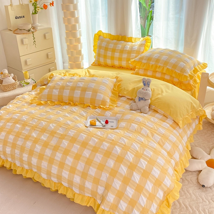 91家纺网 家纺一手货源 找家纺 梦之岛 2023新款韩版无印风泡泡纱四件套 泡泡-黄色