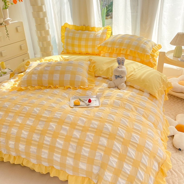 91家纺网 家纺一手货源 找家纺 梦之岛 2023新款韩版无印风泡泡纱四件套 泡泡-黄色