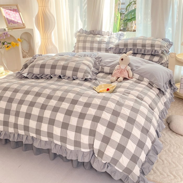 91家纺网 家纺一手货源 找家纺 梦之岛 2023新款韩版无印风泡泡纱四件套 泡泡-灰色