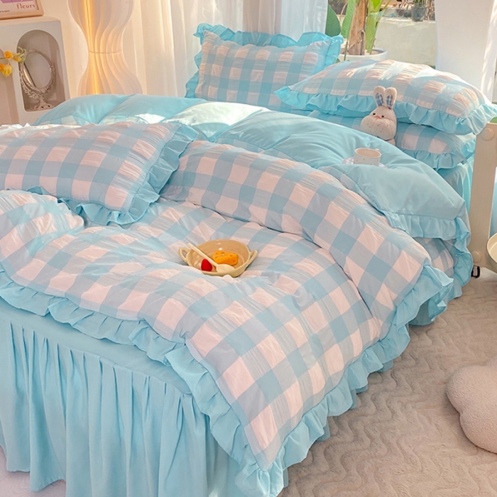 91家纺网 家纺一手货源 找家纺 梦之岛 2023新款韩版无印风泡泡纱四件套 泡泡-蓝色