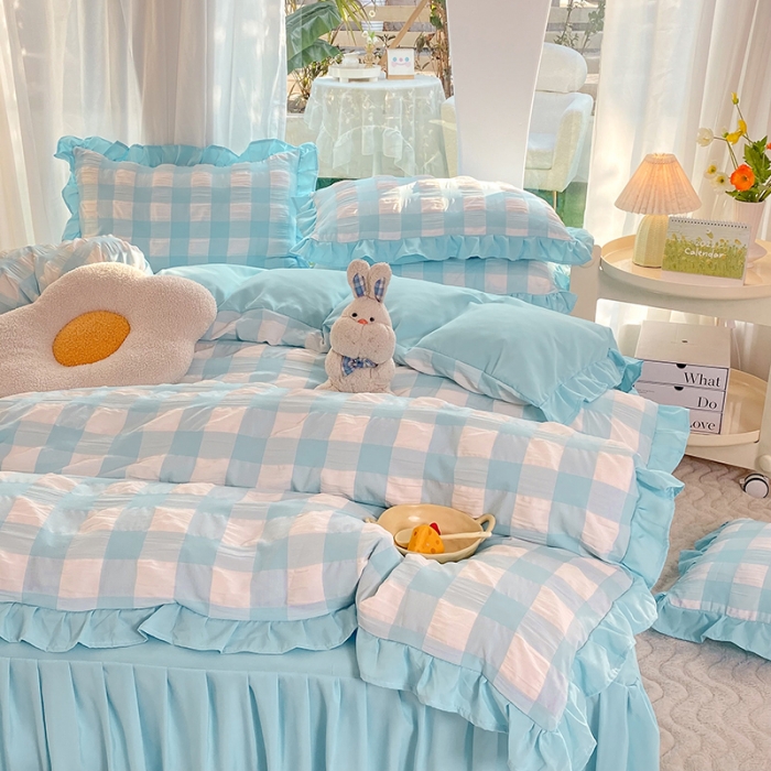 91家纺网 家纺一手货源 找家纺 梦之岛 2023新款韩版无印风泡泡纱四件套 泡泡-蓝色