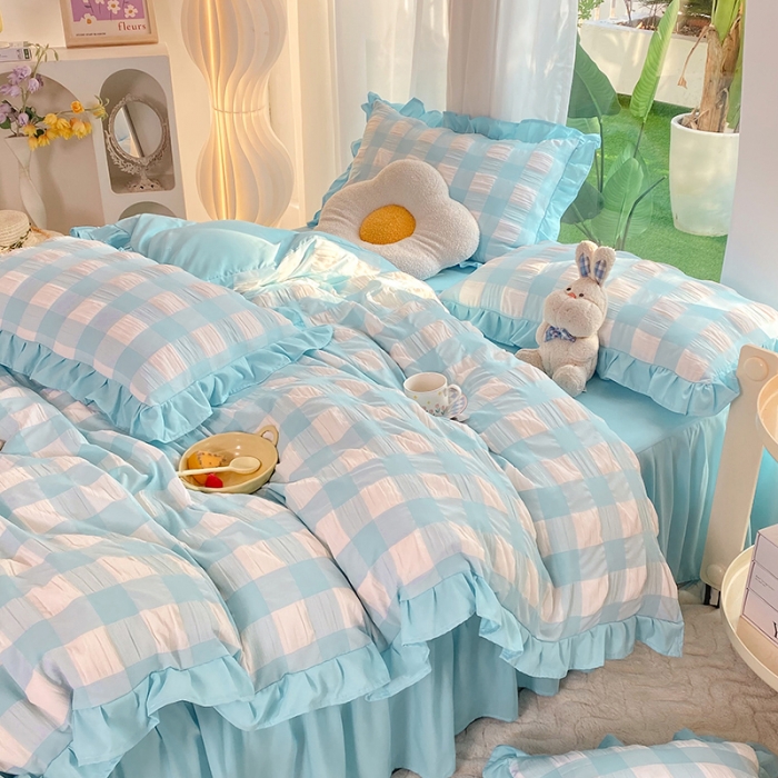 91家纺网 家纺一手货源 找家纺 梦之岛 2023新款韩版无印风泡泡纱四件套 泡泡-蓝色